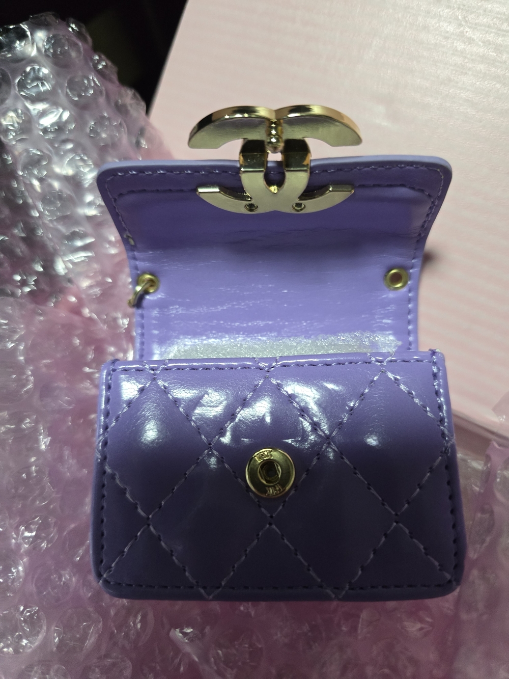 Purple Quilted Leather Mini Bag Charm with Gold Hardware